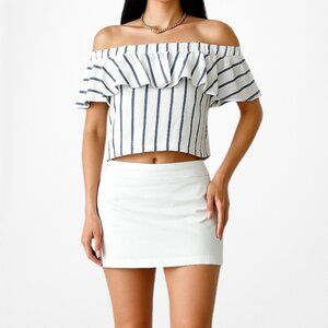 Topshop White Off Shoulder Ruffle Striped Top Size XS